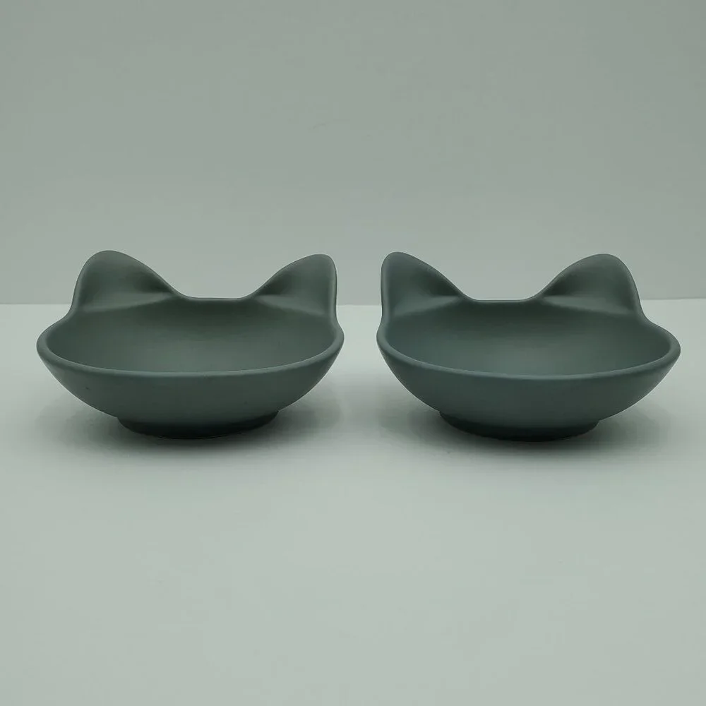 Every Yay Dining In Cat Bowls Gray Stoneware Cat Head Shaped Food Water Dishes